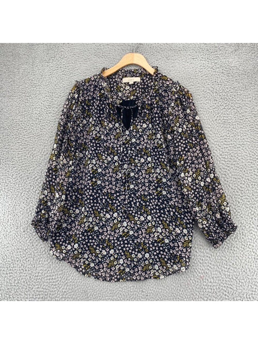 LOFT Top Womens Medium Black Yellow Floral Ruffle Long Balloon Sleeves Blouse